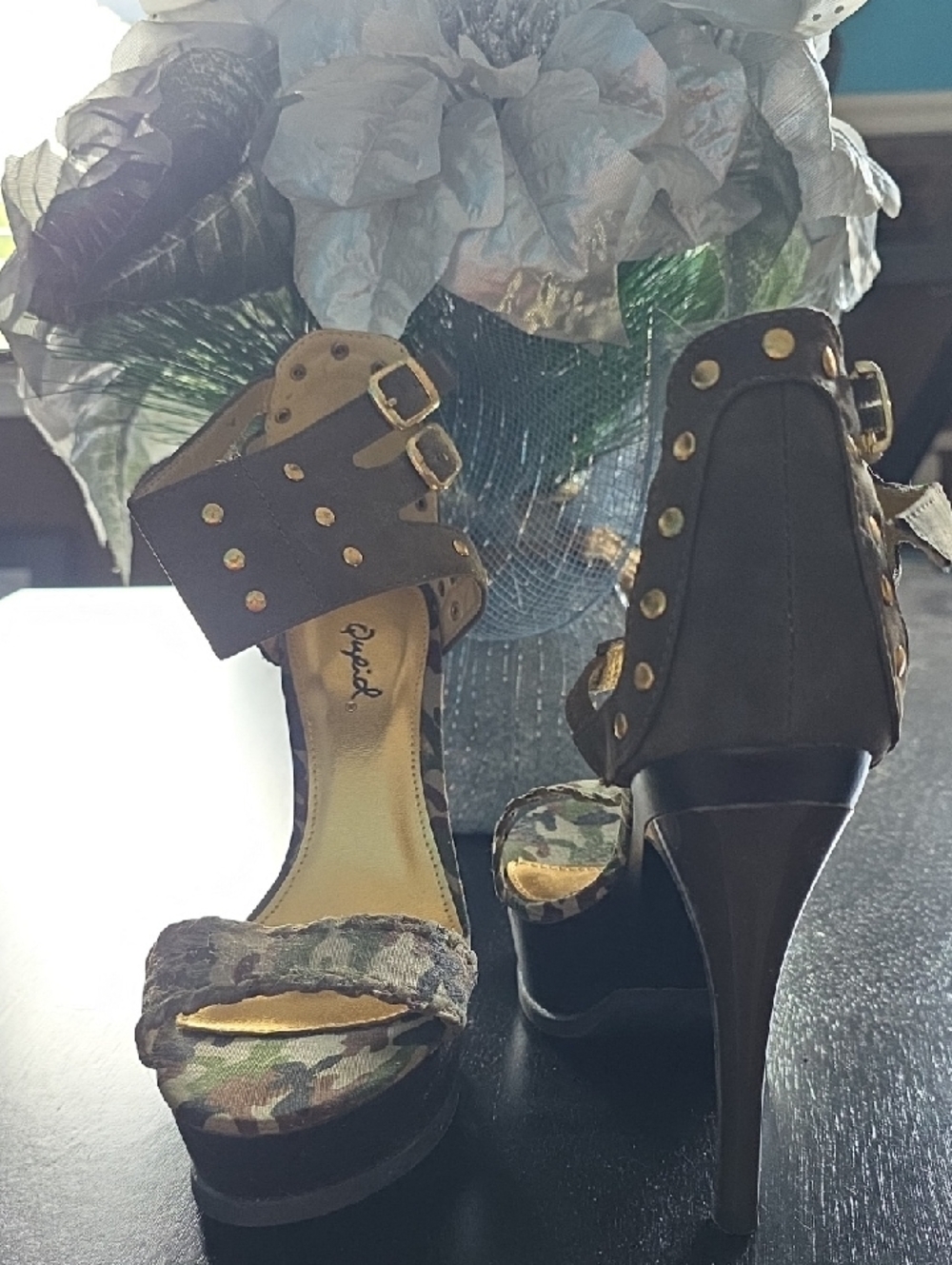 Qupid Brown Camouflage Studded Platform Heels